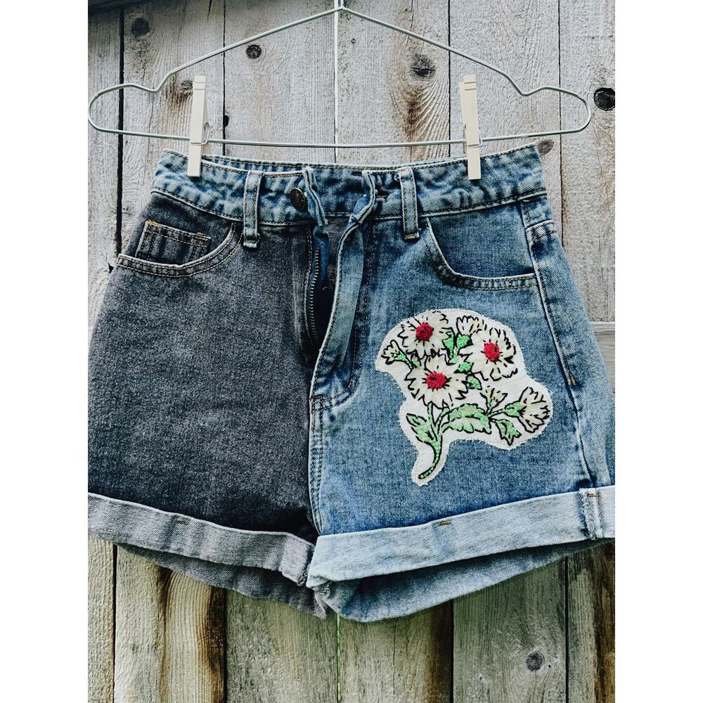 Embroidered Floral Shorts | Upcycled Jean Shorts | Color Block Denim Shorts